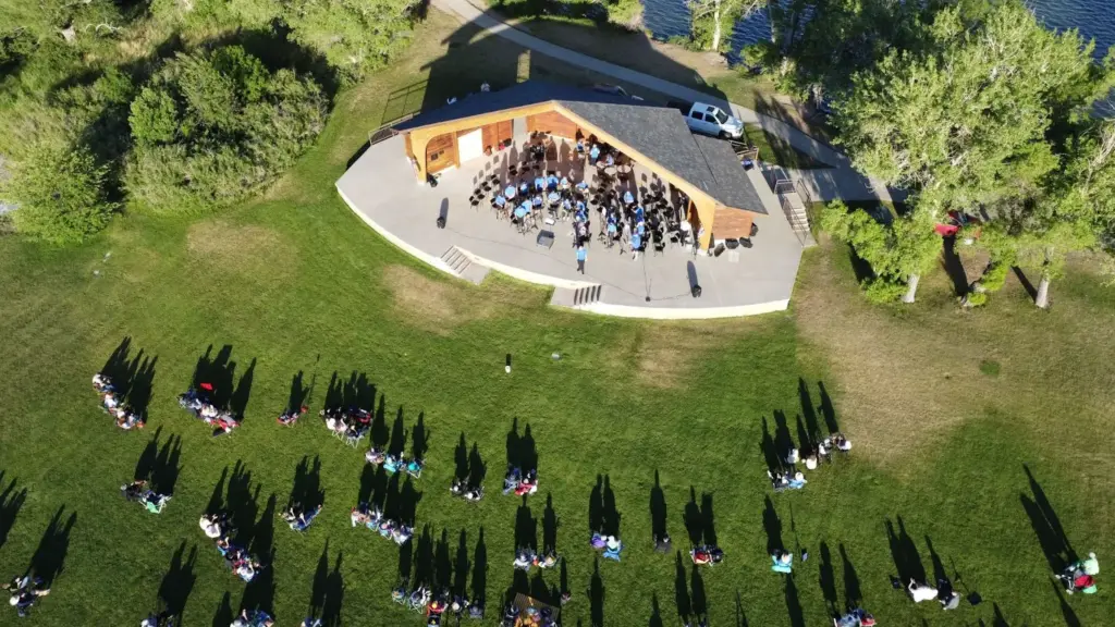Aerial or drone shot of the open-air ceremony layout