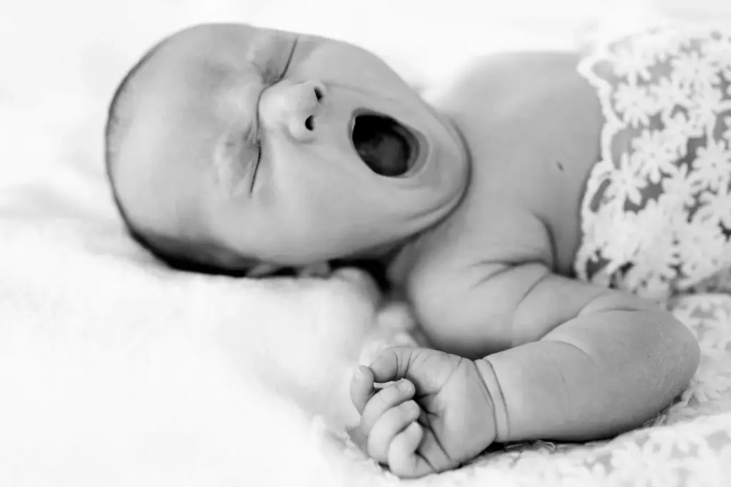 Baby yawning and family observing pose