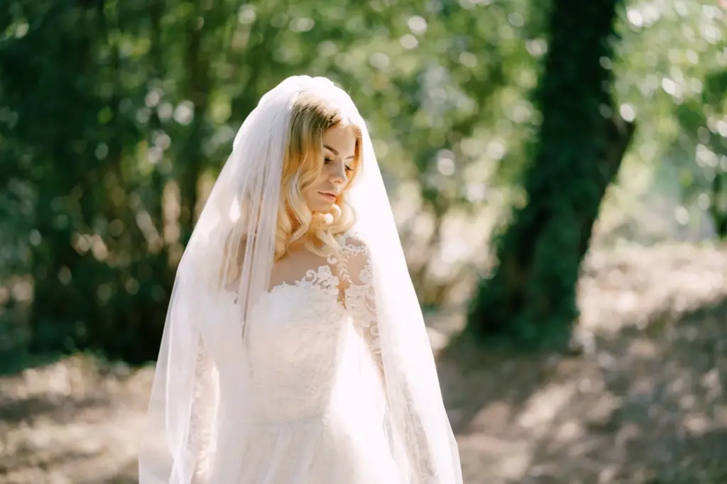 Bride’s veil glowing in golden light