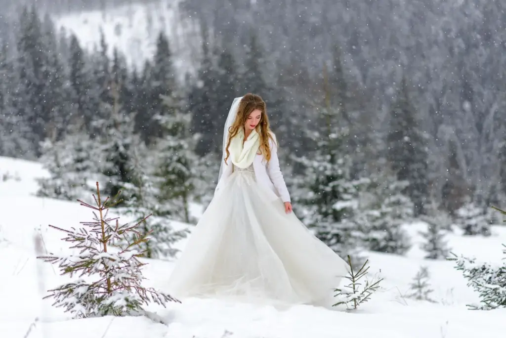 Bride’s veil or dress catching snow in motion