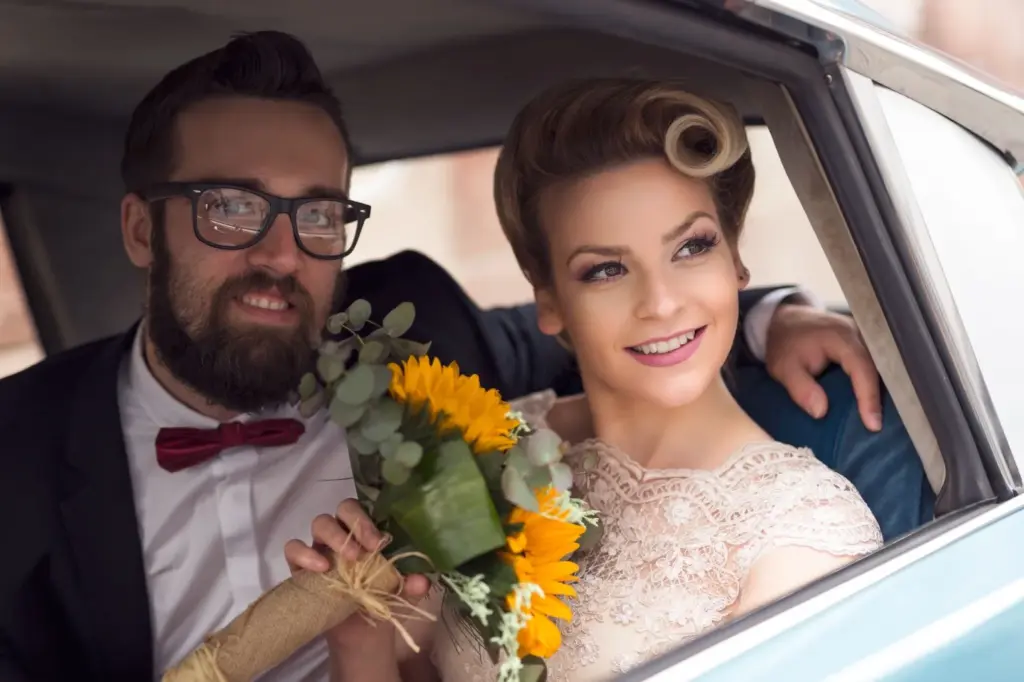 Classic car ride with vintage sunglasses on