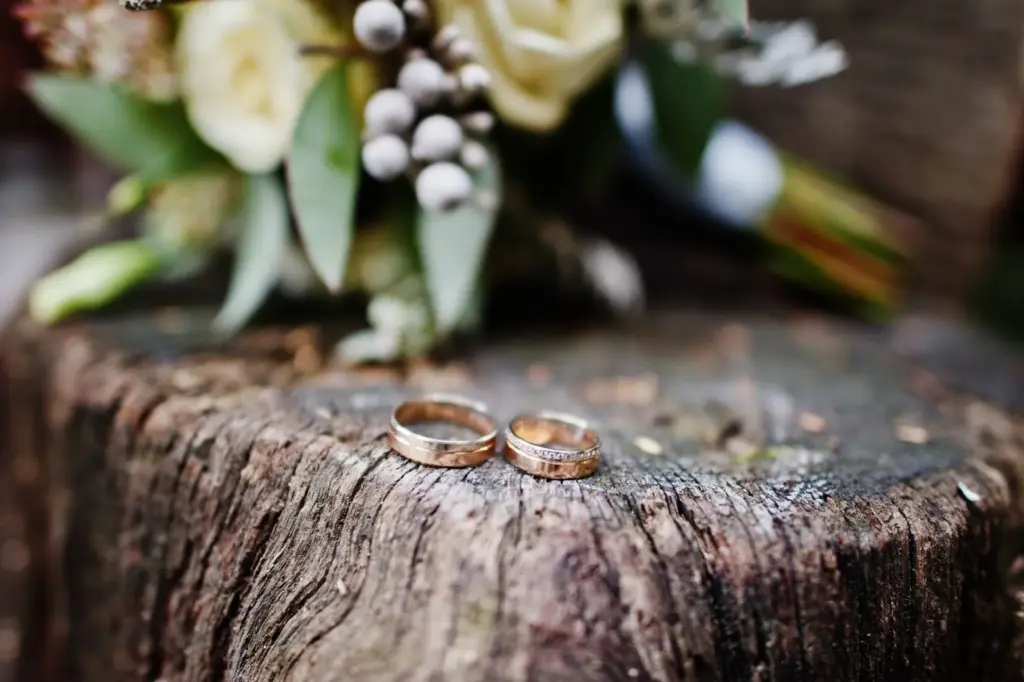 Close-up of rings on a wooden slab