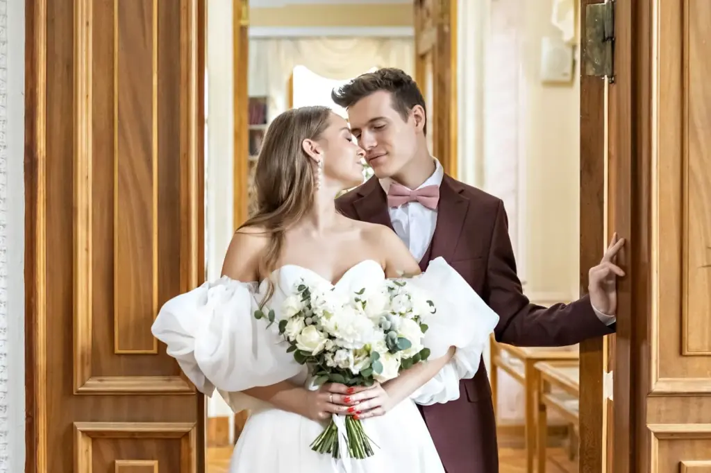 Couple sharing a peaceful moment in a hallway