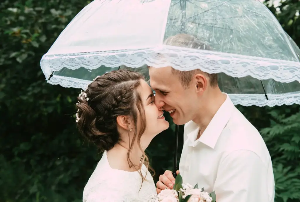 Couple sharing an umbrella close-up