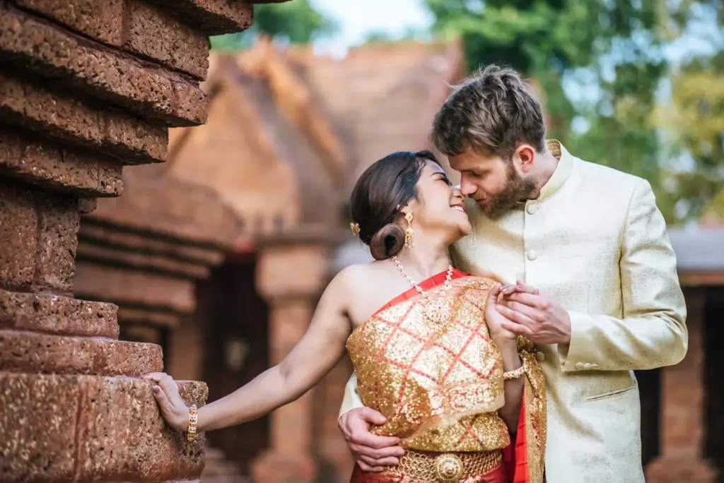 Couple wearing ethnic outfits at the temple side