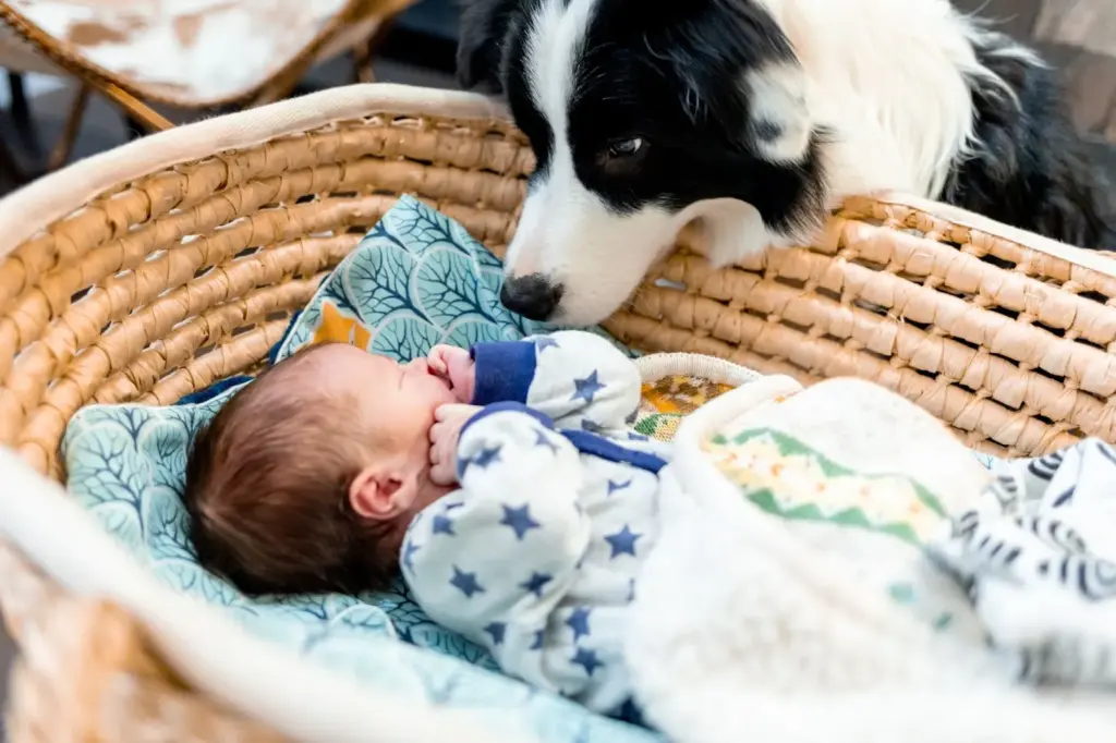 Dog watching baby sleep