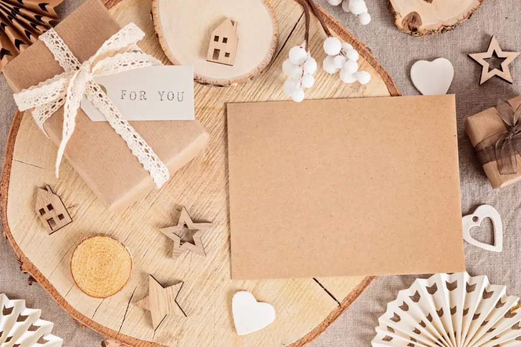 Flat lay of rustic stationery on wood or burlap