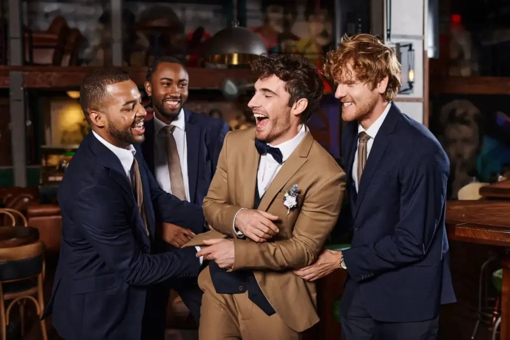 Groomsmen joking around pre-ceremony