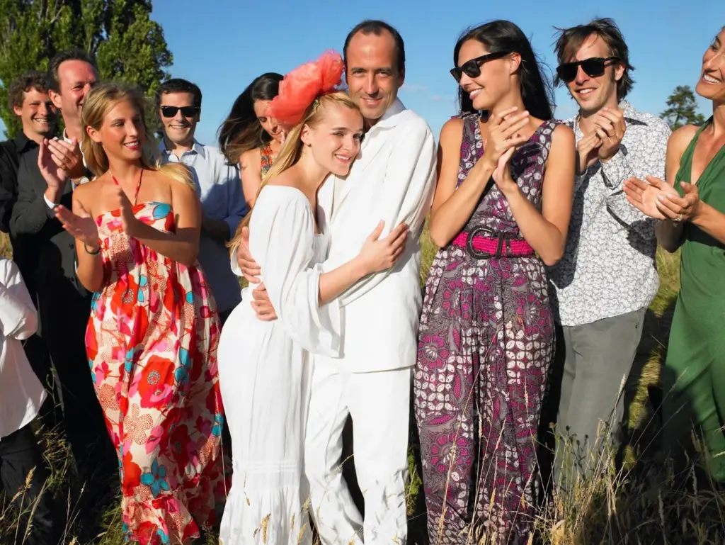 Guests in breezy attire enjoying summer reception