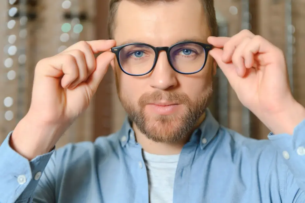 Holding eyeglasses with bright eyes