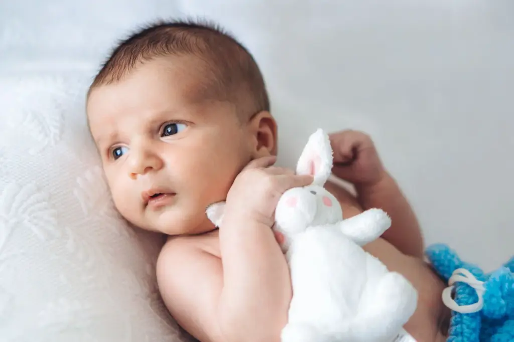 Newborn holding favorite toy