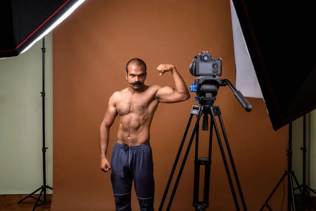 Posing off-camera while working