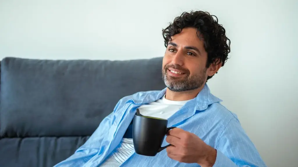 Relaxed expression holding a coffee mug