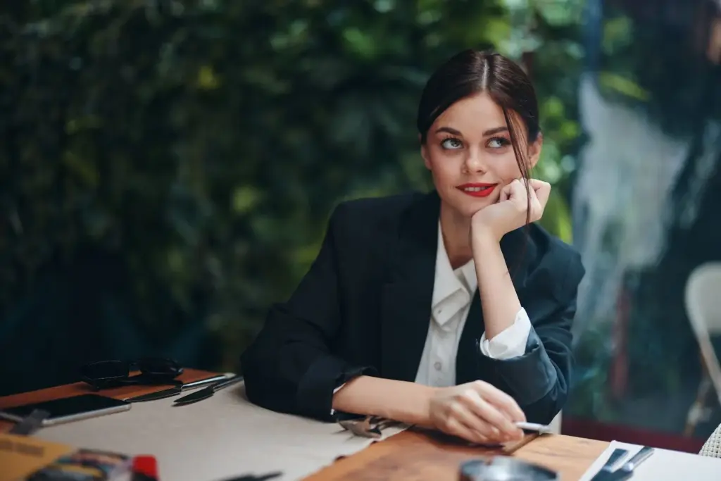 Sharp eye contact while sitting at the work table