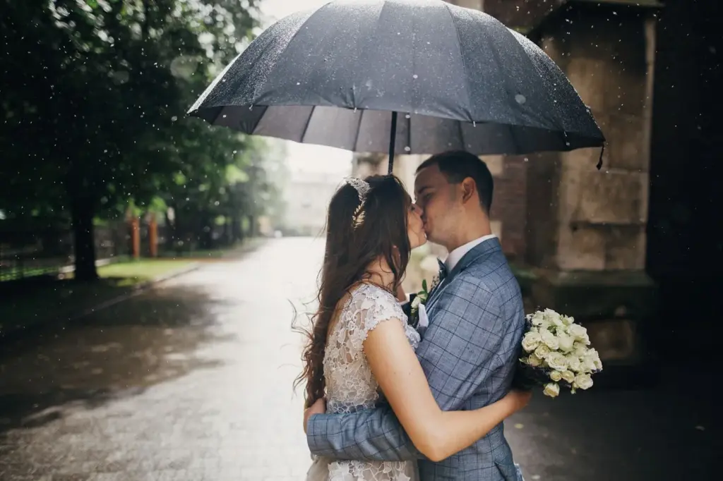 Silhouette kiss under an umbrella