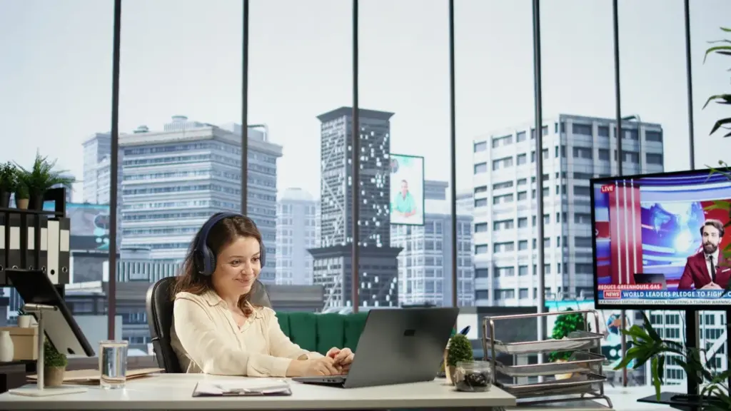 Sitting at the work desk with the skyline in the background