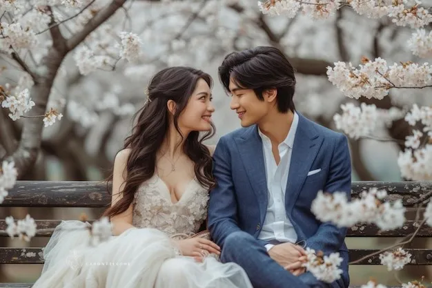 Sitting on a bench surrounded by blossoms