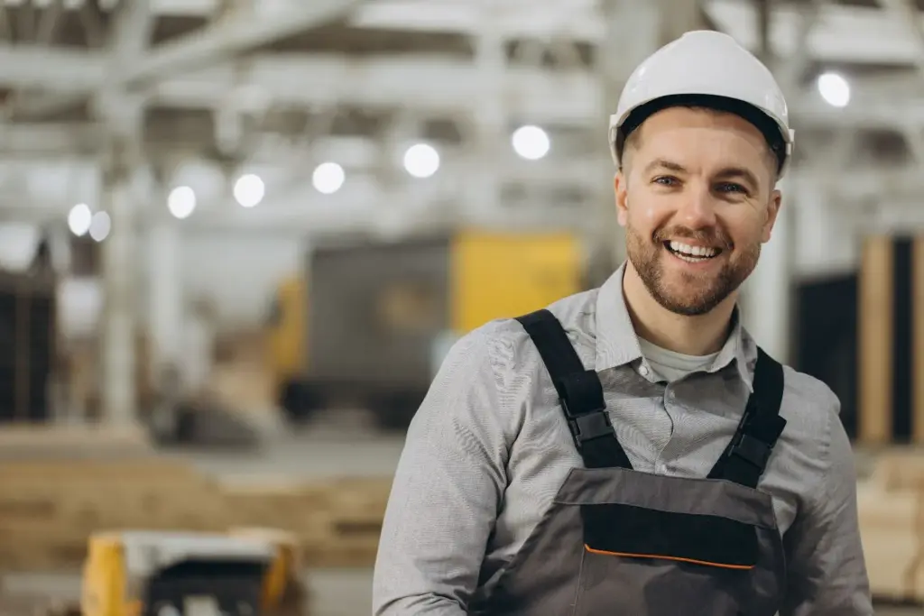 Smiling while the factory logo is in the background