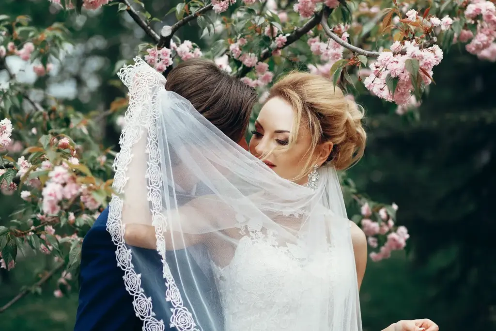 The flowing veil shot under the cherry blossom