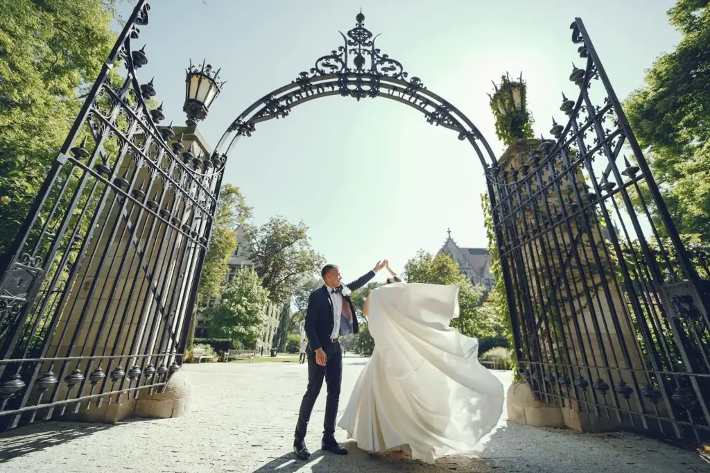 Twirl shot in front of a heritage gate