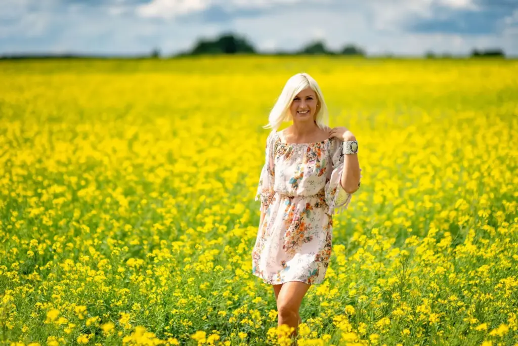 Walking between the spring flower field
