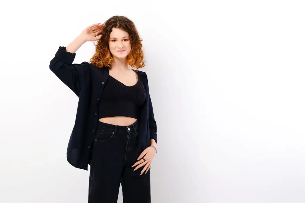 White background, black outfit