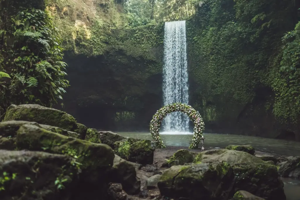 Wide shot with full waterfall view