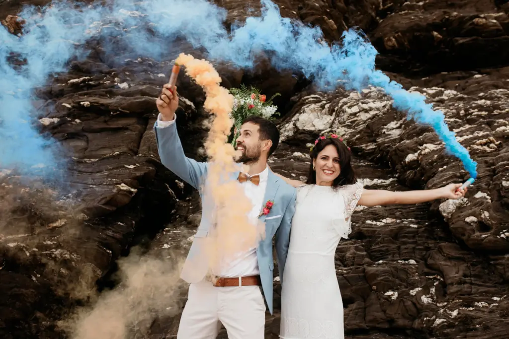 Beachside Newlyweds with Festive Smoke Effects