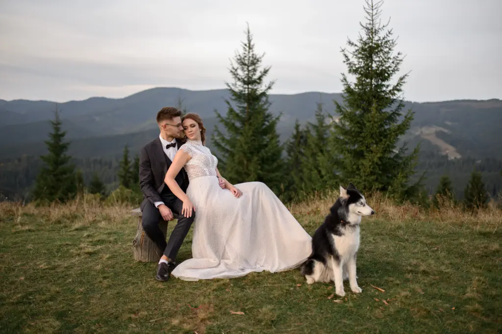 20+ Creative Group Wedding Photo Ideas for Family and Friends 84 wedding couple with dog in mountains at sunset. romantic evening in mountains.